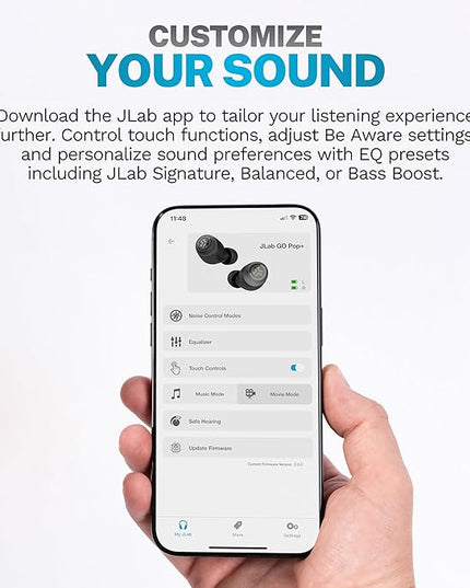 JLab Go Air Pop+ True Wireless Earbuds, in Ear Headphones, Bluetooth Earphones, 35H Playtime Ear Buds, Bluetooth Earbuds with Microphone, USB-C Charging Case, Dual Connect, EQ3 Sound, Black
