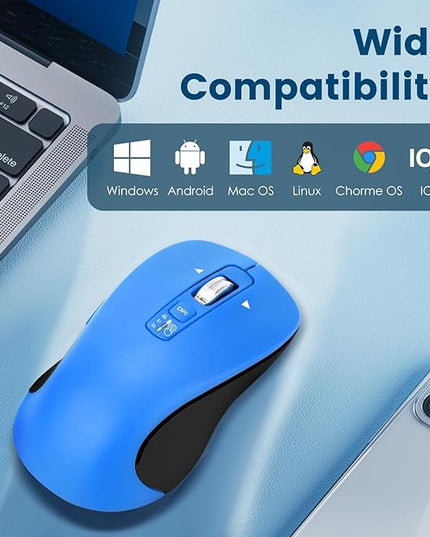 Wireless Bluetooth Mouse (USB + BT1 + BT2), Full Size, 4-Way Scrolling, Multi-Device Silent Mouse for Computer, Laptop, iPad, MacBook (Blue)