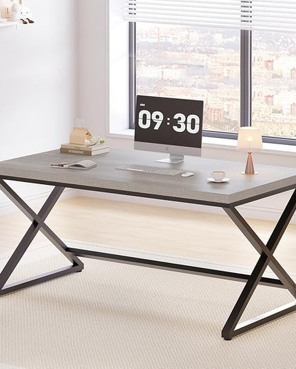 IBF Gray Computer Desk, Modern Writing Study Desk for Home Office, Industrial Wooden Metal Executive Work Desk, Simple Pc Gaming Laptop Workstation Computer Table in Bedroom, Light Grey Oak, 55 Inch