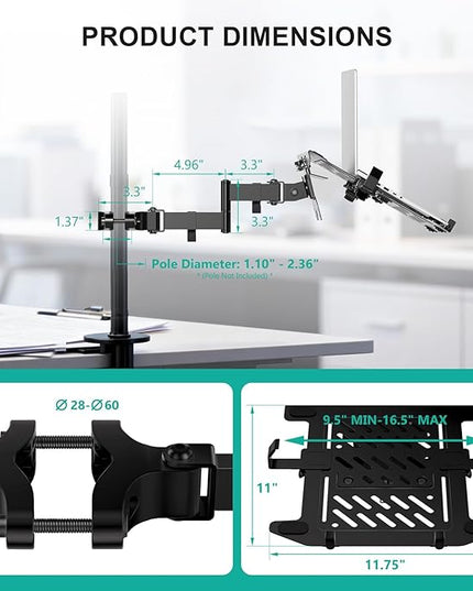 WALI Laptop Pole Mount, Adjustable Laptop Arm Holder Fits 10"-15.6" Laptops, 2-in-1 Full Motion Monitor Mount with Removable Tray, VESA 75x75 or 100x100 mm, Holds up to 15.4lbs(011ARMLPN), Black