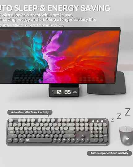 FOPETT Wireless Keyboard and Mouse Combo - Cute Colorful Mouse and Keyboard 2.4G Full-Sized with 104 Round Keys Retro Typewriter Keyboards for Laptop/Windows/PC - Grey Gradient