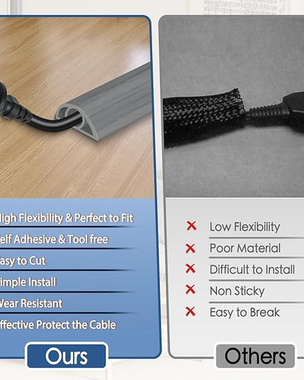 Floor Cord Cover for Wires on Floor Self Adhesive Cord Hider Floor Cable Management Wire Covers for Cords Protector Prevent Cable Trips Cord Cavity W 0.32" x H 0.32", Gray Wood, 10Ft