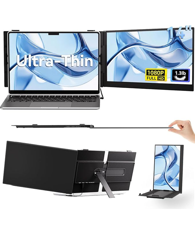 BKVOO 14" Laptop Screen Extender, Ultra-Thin Ligthweight FHD 1080P IPS Laptop Monitor Extender Dual Screen, Portable Monitor for Laptops 13-17.3" USB-C/HDMI Plug and Play for Windows/Mac/Android/PS5
