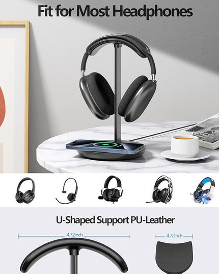 Miroddi Headphone Stand with Wireless Charger, Independent USB Charging Port, 5 in 1 Charging Station Headset Holder Rack for AirPods Max/Pro/4/3/2, iWatch, iPhone, Samsung and Desk Headphones, Black