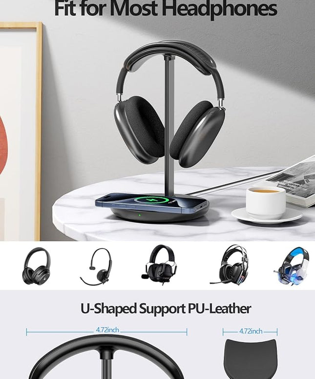 Miroddi Headphone Stand with Wireless Charger, Independent USB Charging Port, 5 in 1 Charging Station Headset Holder Rack for AirPods Max/Pro/4/3/2, iWatch, iPhone, Samsung and Desk Headphones, Black