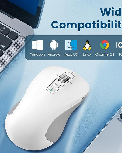 Wireless Bluetooth Mouse (USB + BT1 + BT2), Full Size, 4-Way Scrolling, Multi-Device Silent Mouse for Computer, Laptop, iPad, MacBook (White)