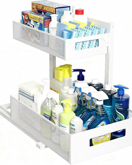 Under Sink Organizer, Adjustable Height 2 Tier Under Sink Organizers and Storage Multi-Purpose Under Sink Storage for Bathroom Kitchen