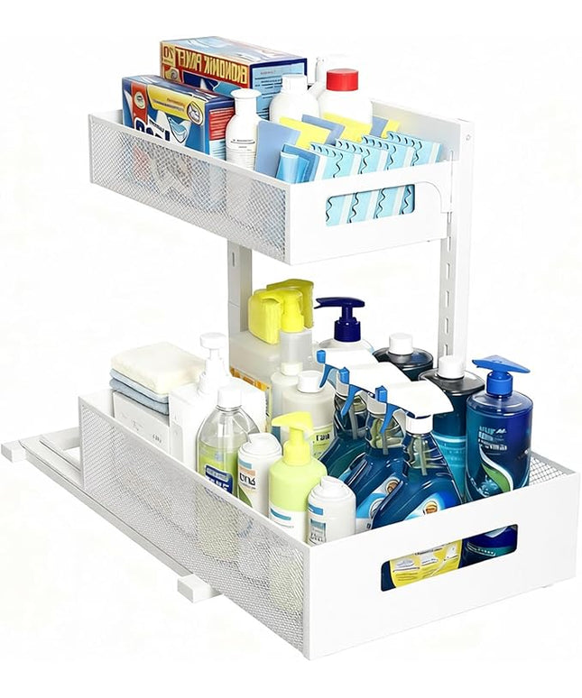 Under Sink Organizer, Adjustable Height 2 Tier Under Sink Organizers and Storage Multi-Purpose Under Sink Storage for Bathroom Kitchen