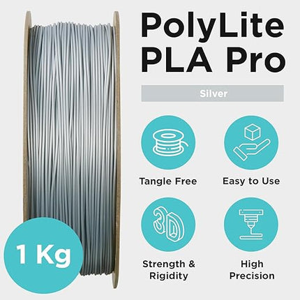 Polymaker PLA PRO Filament 1.75mm 1kg, Tough & High Rigidity Silver 3D Printing Filament, PolyLite PLA PRO 3D Printer Filament 1.75mm, Print with Most 3D Printers