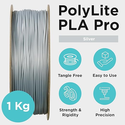 Polymaker PLA PRO Filament 1.75mm 1kg, Tough & High Rigidity Silver 3D Printing Filament, PolyLite PLA PRO 3D Printer Filament 1.75mm, Print with Most 3D Printers
