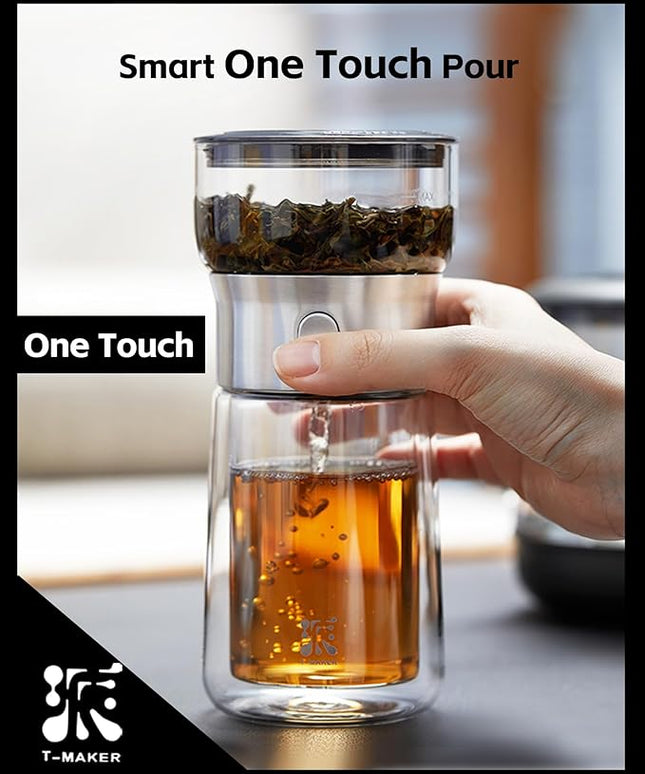 ZENS Modern Glass Tea Infuser Teapot, Smart One Touch Tea Maker for Loose Tea Diffusers with Insulated Mug and Portable Tea Kits, Cool Gongfu Tea Pot for Black Tea Lover Gifts
