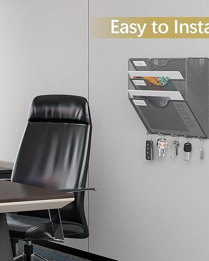 EasyPAG Hanging Wall File Organizer with Key Hooks, 3 Pocket Wall Mounted Mail Organizer, Vertical Folder Holder with Nametag Label, Paper Storage Magazine Rack for Office Home School, Silver
