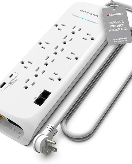 Monster Power Surge Protector w/ 4050 Joule Rating — Heavy Duty 6 FT Surge Protector Power Strip w/ 12 Outlets, 2 USB, 2 Coax, 2 Ethernet Ports — Fireproof MOV, Dual Mode, Clean Tech (White)
