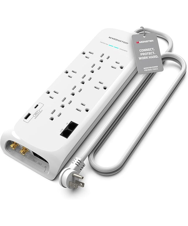 Monster Power Surge Protector w/ 4050 Joule Rating — Heavy Duty 6 FT Surge Protector Power Strip w/ 12 Outlets, 2 USB, 2 Coax, 2 Ethernet Ports — Fireproof MOV, Dual Mode, Clean Tech (White)