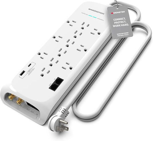 Monster Power Surge Protector w/ 4050 Joule Rating — Heavy Duty 6 FT Surge Protector Power Strip w/ 12 Outlets, 2 USB, 2 Coax, 2 Ethernet Ports — Fireproof MOV, Dual Mode, Clean Tech (White)
