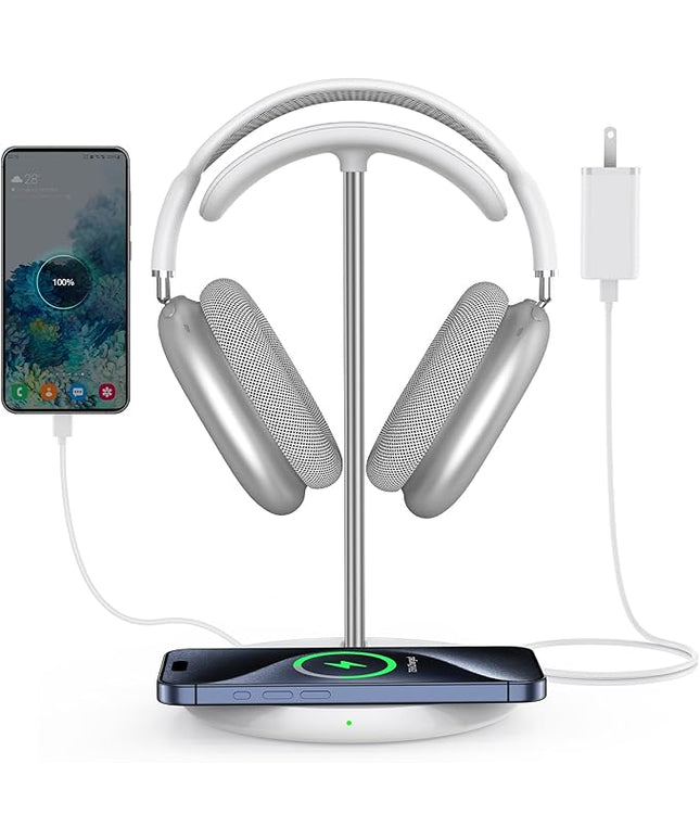 Miroddi Headphone Stand with Wireless Charger, Independent USB Charging Port, 5 in 1 Charging Station Headset Holder Rack for AirPods Max/Pro/4/3/2, iWatch, iPhone, Samsung and Desk Headphones, White
