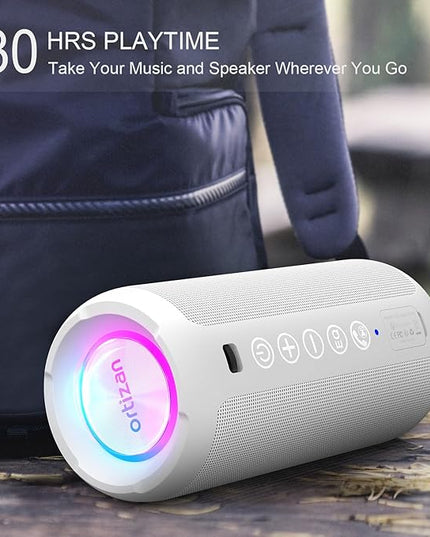 Ortizan Portable Bluetooth Speaker: IPX7 Waterproof, 24W Loud Sound, Deep Bass, Bluetooth 5.3, LED Lights, Wireless Stereo Pairing, 30H Playtime, for Home/Outdoor/Party/Beach, Birthday Gift (White)