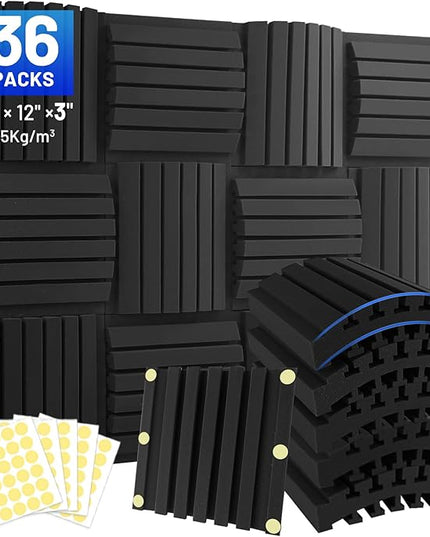 Focusound 36 Pack Curved Acoustic Foam Panels 3" x 12" x 12" Sound Proof Foam Panels Soundproofing Noise Cancelling Wedge Panels for Home Office Recoding Studio with 240 PCS Double-Side Adhesive