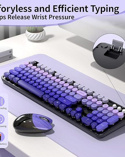 Wireless Keyboard and Mouse, 104 Round Keycaps Retro Typewriter with OTG & Brush, Full-Size Ergonomic, Ideal for Windows PC, Home, Office and College Purple Pink