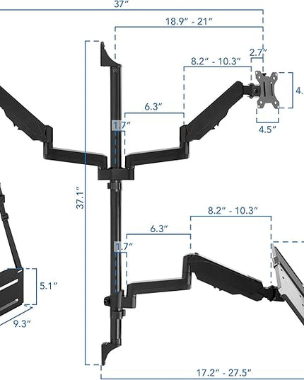 Mount-It! Wall Mount Workstation with Dual Monitor Mount, Keyboard Tray and CPU Holder, Height Adjustable Full Motion Arms, Fits Two 32 Inch Computer Screens