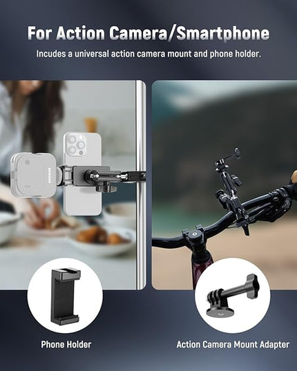 NEEWER Super Clamp with 3" Dual Ballhead Magic Arm, Ball Head Adapter, Cold Shoe, Phone Holder, Action Camera Clamp Mount for Flat/Round Surface Compatible with GoPro DJI iPhone 15 Pro Max, ST85