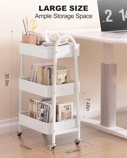 EAGMAK 3 Tier Rolling Cart Under Desk, Large Metal Storage Cart with Handle and Lockable Wheels, Big Multifunctional Storage Organizer Trolley for Kitchen, Living Room, Office, Garage (White)