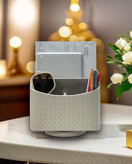 UnionBasic Rotating Desk Organizer, 360 Degree Desk Spinning Caddy, Desktop TV Guide/Mail/Media/Remote Controller Holder Organizer, Woven Beige
