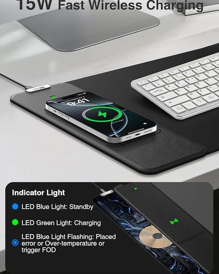 2-in-1 Mouse Pad with Wireless Charging, Gaming Mouse Pad, 31.5"x11.8" Large Desk Mat for Laptop/Keyboard, Waterproof Smooth Surface, Non-Slip Base, No Adapter