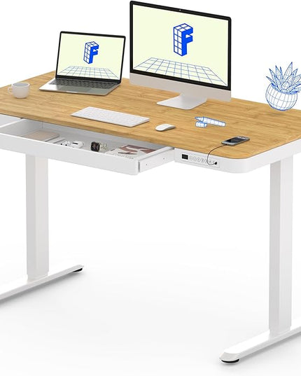 FLEXISPOT Comhar Electric Standing Desk with Drawer Desktop & Adjustable Frame w/USB Charge Ports (Bamboo-Look Laminate/White, Wood)