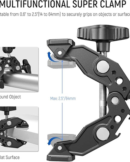 NEEWER Super Clamp Magic Arm Camera Mount with Phone Holder Action Cam Adapter Ball Heads 1/4" Threads Cold Shoe Cleaning Cloth Compatible with SmallRig GoPro for Desk Tripod Crossbar Gimbal Rod, ST83