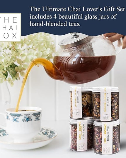 The Chai Box Ultimate Tea Lover's Gift Set - Featured in Oprah's Favorite Things | Caffeinated and Caffeine Free Loose-Leaf Tea Gift Box (Pack of 4) 10 oz | Small Batch Assorted Tea Sampler with Whole, Premium Spices