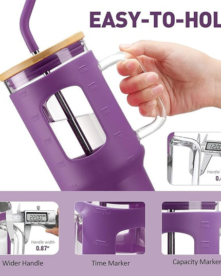 Glass Tumbler with Straw and Lid, 40 oz glass cup with handle, Glass Water Bottles with Time Marker, Silicone Protective Sleeve-Dark Purple