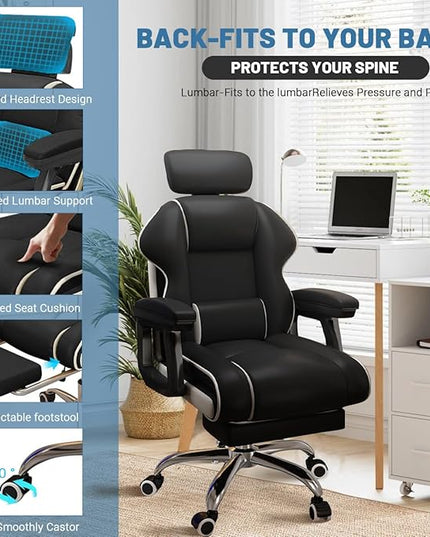 Executive Computer Chair Home Office Desk Chair,Adjustable Angle, Ergonomic Adjustable Height PU Leather Chairs with Cushions Armrest for Long Time Seating-High Office Chair with Footrest