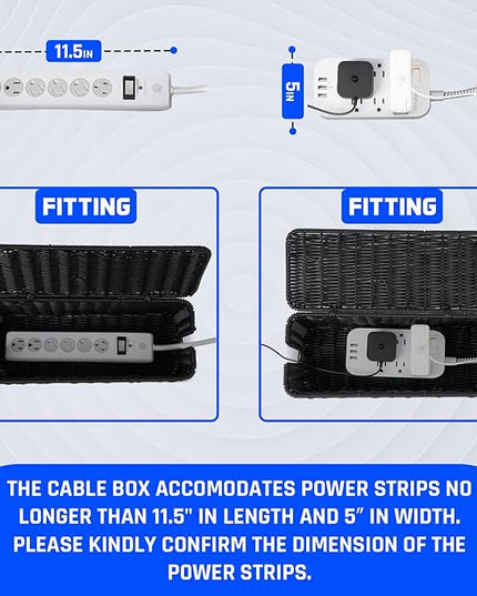 Cable Management Box, Handmade Rattan Cable Organizer, 2 Open Slots Cords Hider Box, Under Desk Cord Organizer for Computer Router USB Hub & Power Strip, Patent Pending, 13" x 5.1" x 5.1", Black