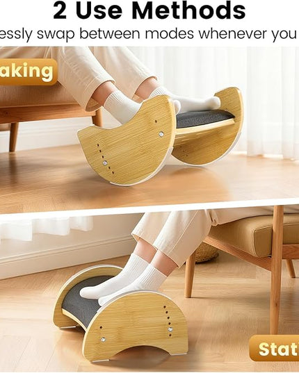 Bamboo Ergonomic Footrest Under Desk, Adjustable Rocking Foot Rest with Cushion, 6 Height Levels, Non-Slip Wooden Foot Rest for Office & Home Work
