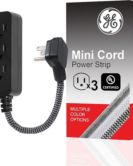 GE 3-Outlet Power Strip Mini Extension Cord with Multiple Outlets 5 Inch Braided Short Cord Extension Cord Grounded Flat Plug UL Listed Black 45191