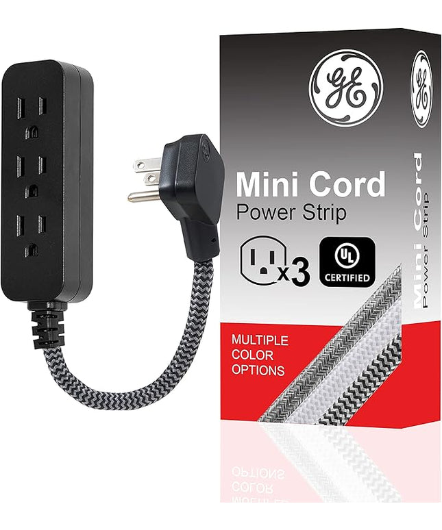 GE 3-Outlet Power Strip Mini Extension Cord with Multiple Outlets 5 Inch Braided Short Cord Extension Cord Grounded Flat Plug UL Listed Black 45191