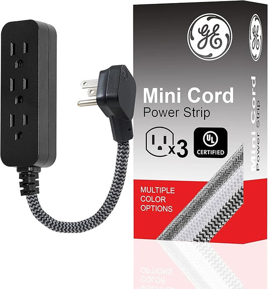 GE 3-Outlet Power Strip Mini Extension Cord with Multiple Outlets 5 Inch Braided Short Cord Extension Cord Grounded Flat Plug UL Listed Black 45191