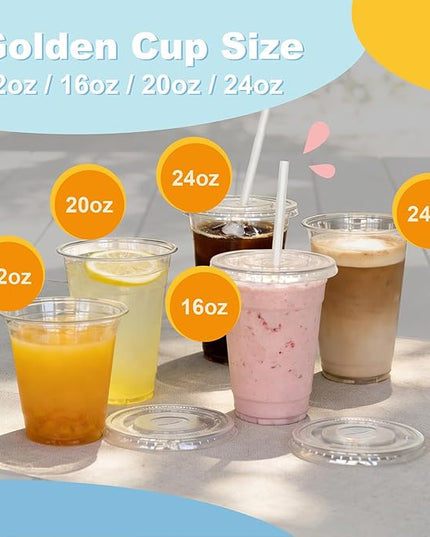 Coolcap 20 oz 100 Pack Disposable Clear Plastic Cups with Lids and Straws, Food Safe Bulk Iced Coffee Cups for Smoothies, Milkshakes and Other Cold Drinks
