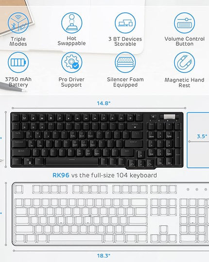 RK ROYAL KLUDGE RK96 90% 96 Keys BT5.0/2.4G/USB-C Hot Swappable Mechanical Keyboard, Wireless Mechanical Keyboard with Magnetic Wrist Rest, Blue Backlight (Blue Switch)