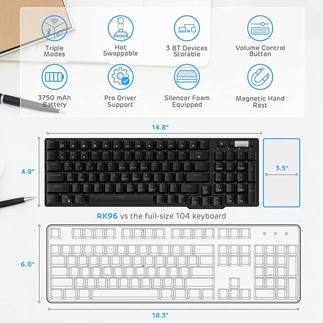 RK ROYAL KLUDGE RK96 90% 96 Keys BT5.0/2.4G/USB-C Hot Swappable Mechanical Keyboard, Wireless Mechanical Keyboard with Magnetic Wrist Rest, Blue Backlight (Blue Switch)