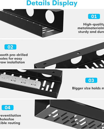 Self-Adhesive Under Desk Cable Management Tray 2 Pcs Steel Under Desk Wires Organizer Power Strip Management No Drill Under Table Organizer for Cable Storage Holder for Office Home Table