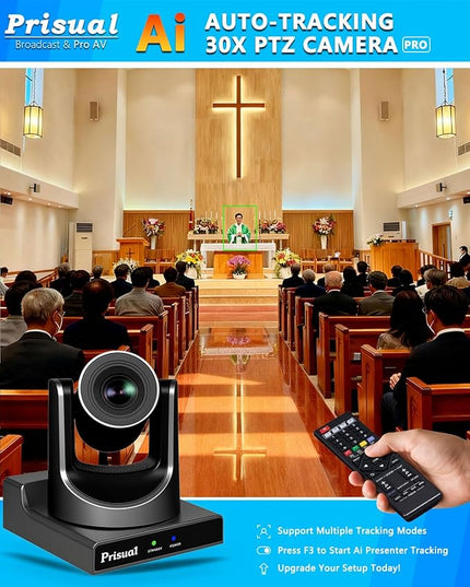 Prisual PTZ Camera System Gen 5, 30X Optical Zoom, Advanced AI Auto Tracking, PoE HDMI SDI Bundle PTZ for Church Worship,NDI PTZ Controller, (PTZ Bundle TEM-30S PROx2+TEM-JOY1)