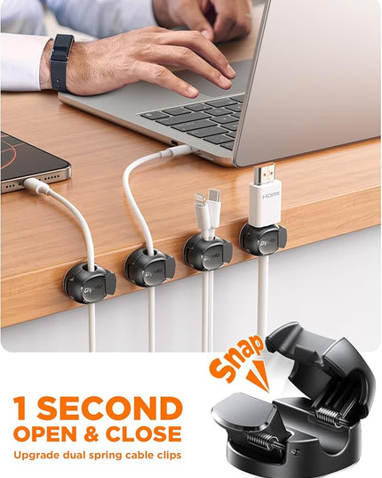 8Pack Cord Organizer [Dual Spring & Clasp, Max Secure] Cable Clips - Chfeila Cable Management, Adhesive Phone Charging Wire Holder for Nightstand/Wall, Home Office Desk Accessories Decor Essentials