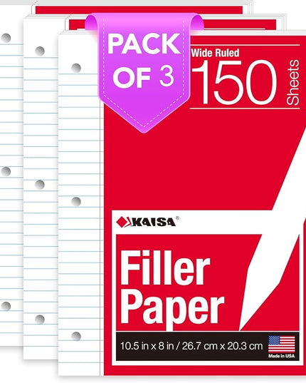 KAISA Filler Paper Loose Leaf Paper, Wide Ruled Paper, 8"x10-1/2", 3-Hole Punched Binder Paper For 3-Ring Binders,150 Sheets/pack 3Pack, F15001W