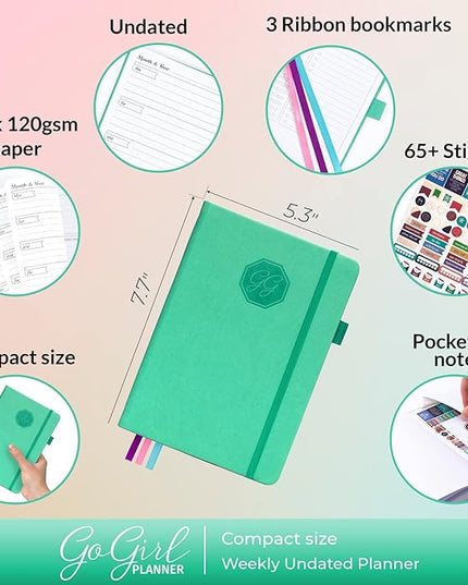 GoGirl Planner and Organizer for Women – Compact Size Weekly Planner, Goals Journal & Agenda to Improve Time Management, Productivity & Live Happier. Undated – Start Anytime, Lasts 1 Year – Emerald