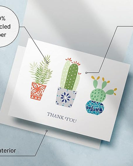 Twigs Paper Thank You Card Set - 12 Assorted Greeting Cards For All Occasions - Thank You Cards with Envelopes - Appreciation Cards - Eco Friendly - Made In USA - 5.5 x 4.25 Inch Size - Cactus Themed