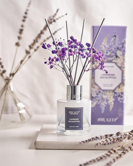 Airkeep Reed Diffuser Set,3.38 fl oz (100 ml) - Lavender Eucalyptus Oil Diffusers with 8 Reed Sticks, Home Fragrance Reed Diffuser for Bathroom Shelf Decor