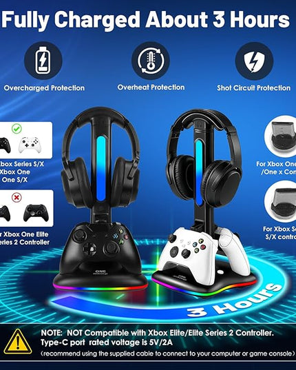 Controller Charger with RGB Headphone Stand for Xbox Series X/S/One,/One S/X, XSX Controller Charger Station, Headset and Controllers Stand Holder for Xbox, Gaming Gifts for Gamers Men
