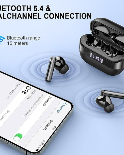 Wireless Earbuds, 2025 Bluetooth 5.4 Headphones Bass Stereo, Ear Buds with 4 Mics ENC Noise Cancelling, Bluetooth Earbuds 48H Playtime LED Display Charging Case, IP7 Waterproof in Ear Earphones Black